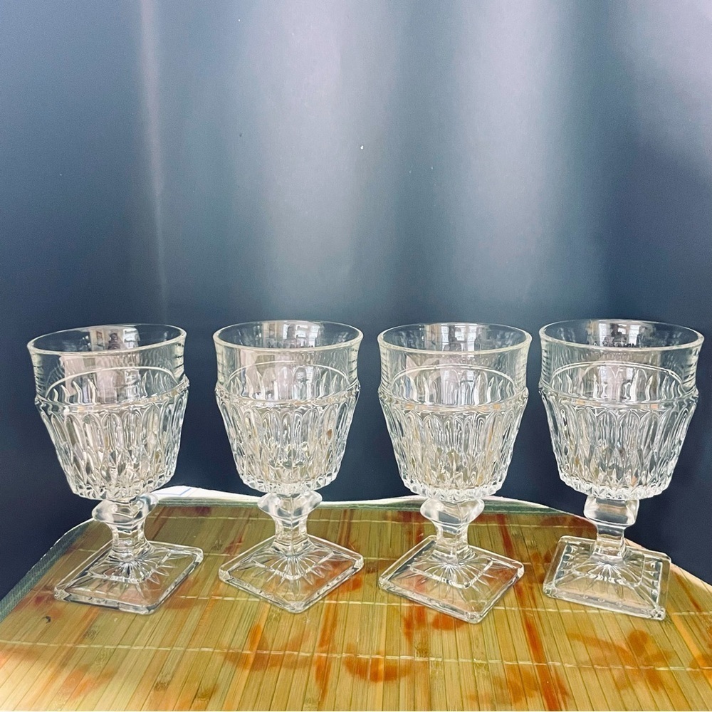 4 Pcs - Indiana Glass Wine Glasses Mt. Vernon Clear Pattern W/Square Base